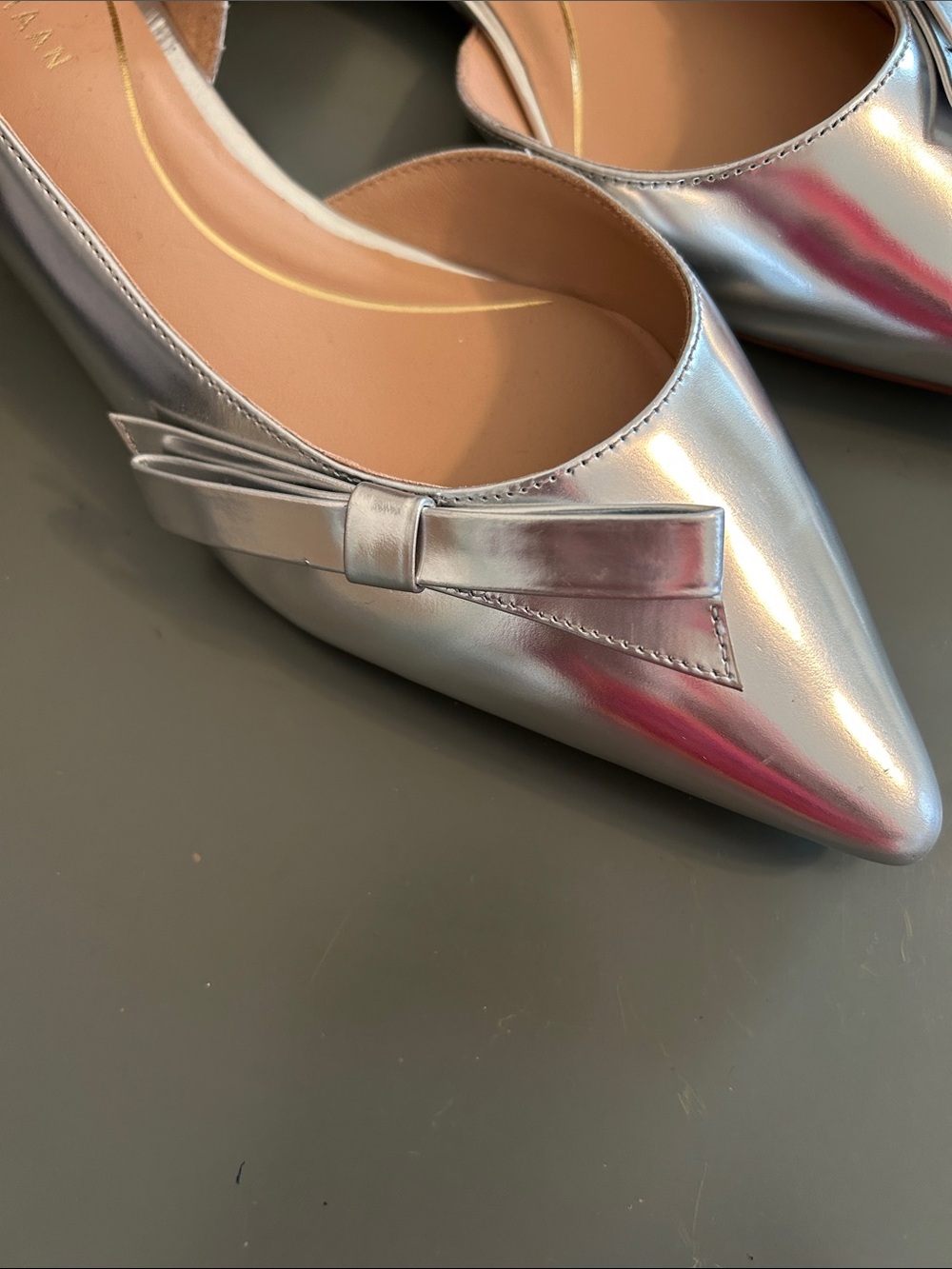 Cole Haan Metallic Silver Pointed-Toe Bow Flats. - Picture 5 of 12